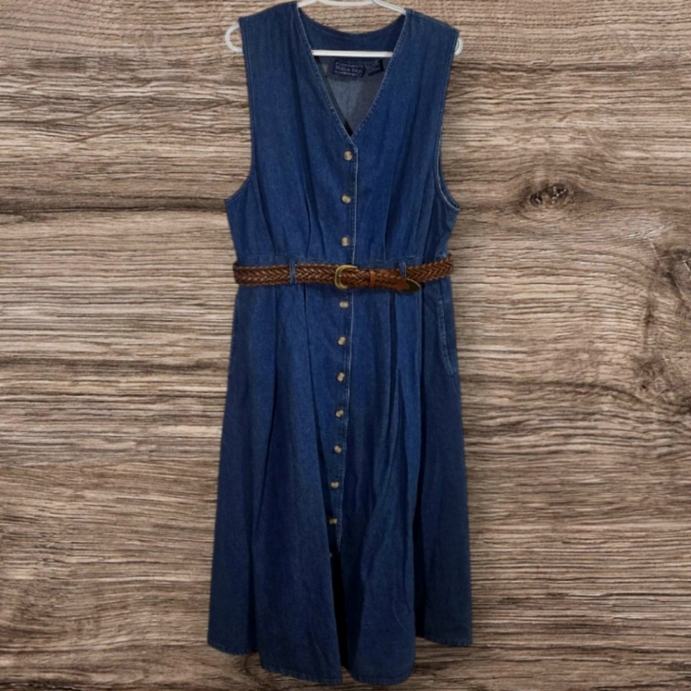 Vintage Willow Ridge Denim Sleeveless Dress with Brown Belt